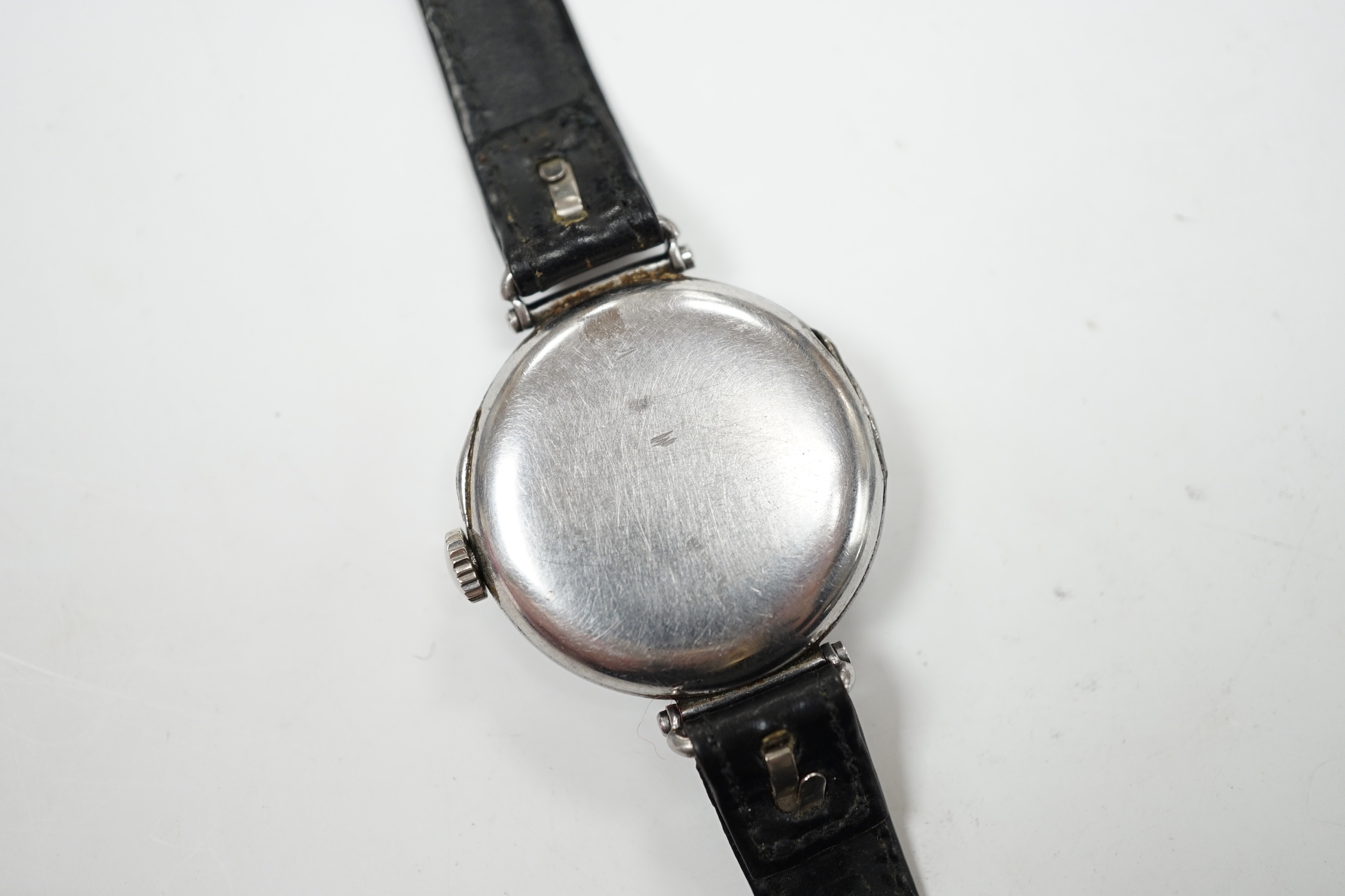 A gentleman's 1930's stainless steel Longines manual wind wrist watch, with Arabic dial and subsidiary seconds, movement c. 2.68Z, on a black leather strap.